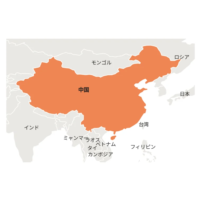 中国の位置とコーヒー産地マップ